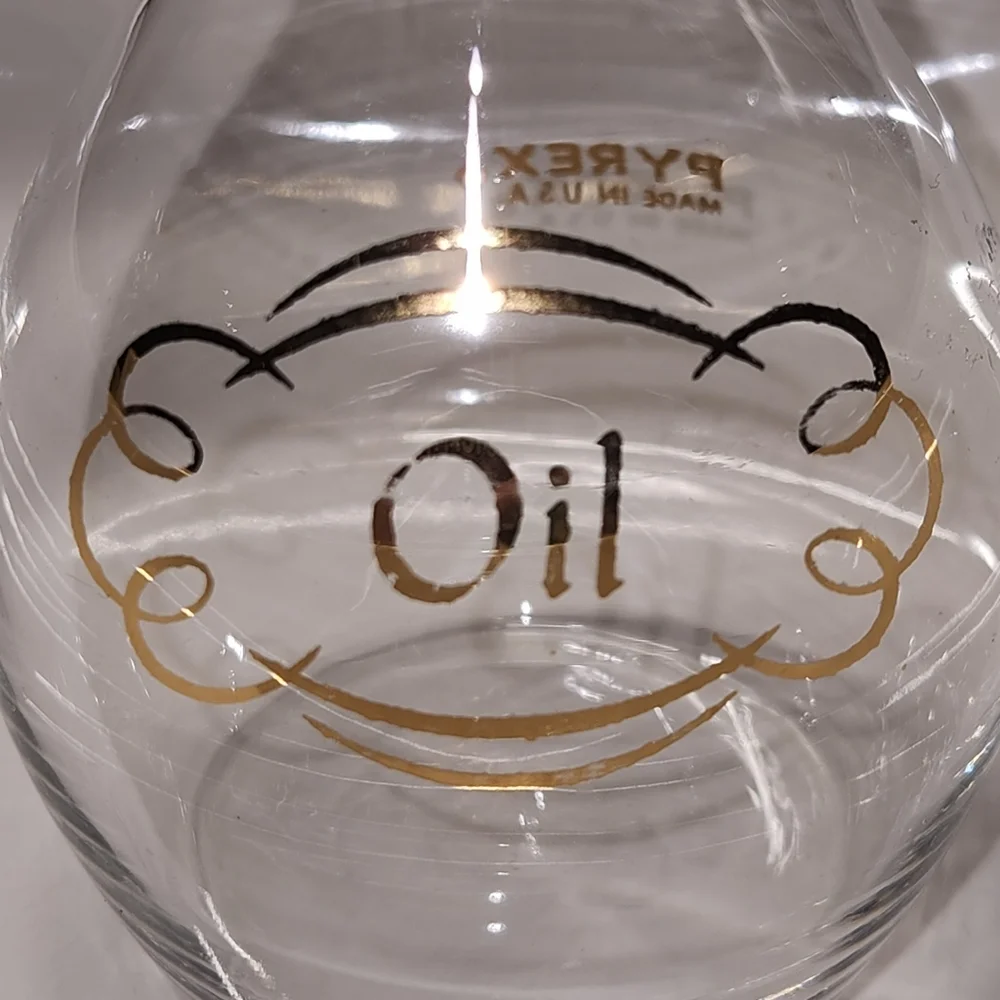 Vintage Pyrex Oil Cruet Bottle – Gold Lettering & Bands –MCM Glass